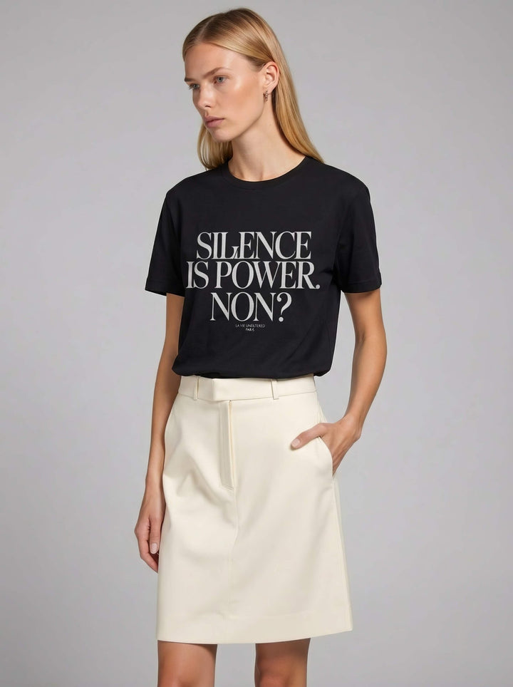 Model wearing Black with Silence is power graphic by La Vie unfiltered