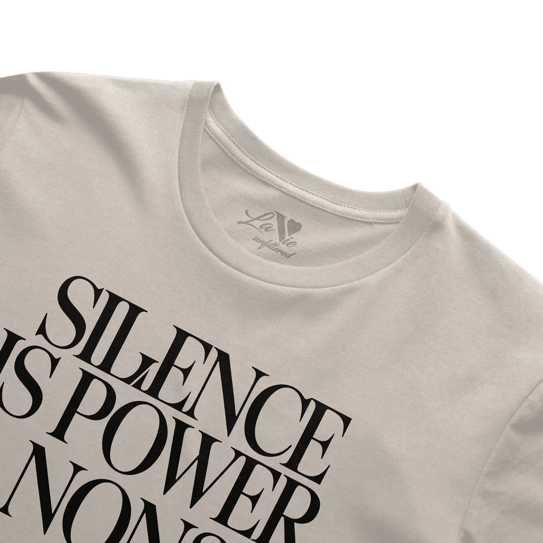 Soft Sand t-shirt with Silence is power graphic print by La Vie unfiltered