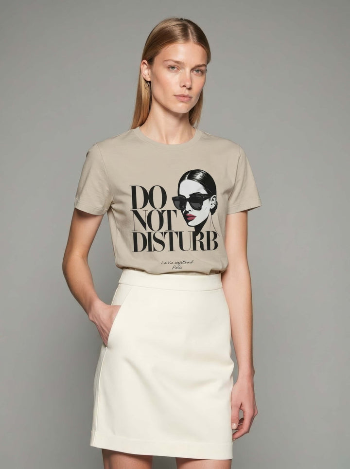 Model wearing Soft Sand with The Do Not Disturb graphic by La Vie unfiltered