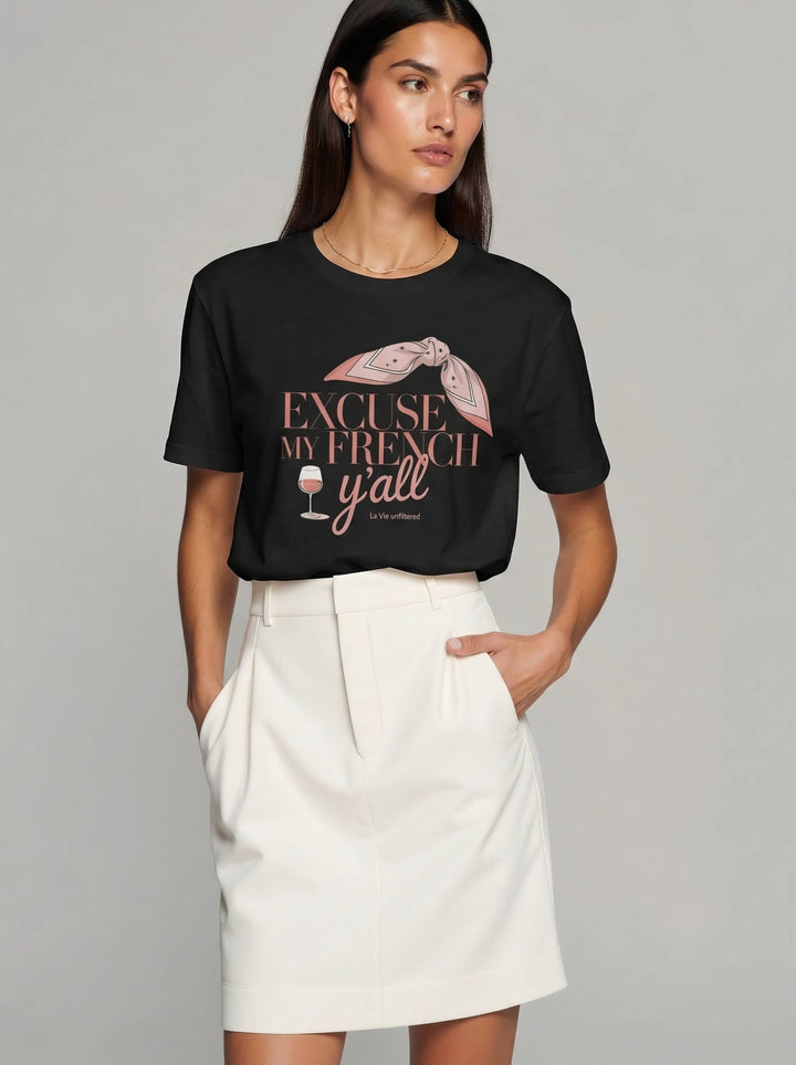 Model wearing Black with The French Excuse graphic by La Vie unfiltered