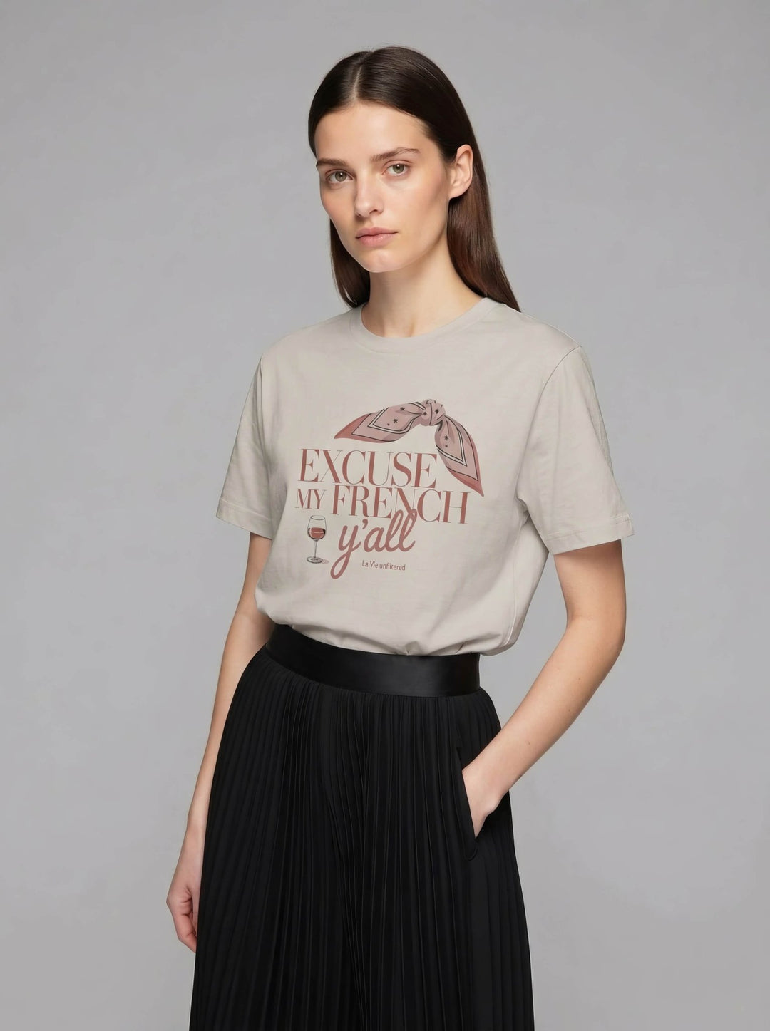 Model wearing Soft Sand with The French Excuse graphic by La Vie unfiltered