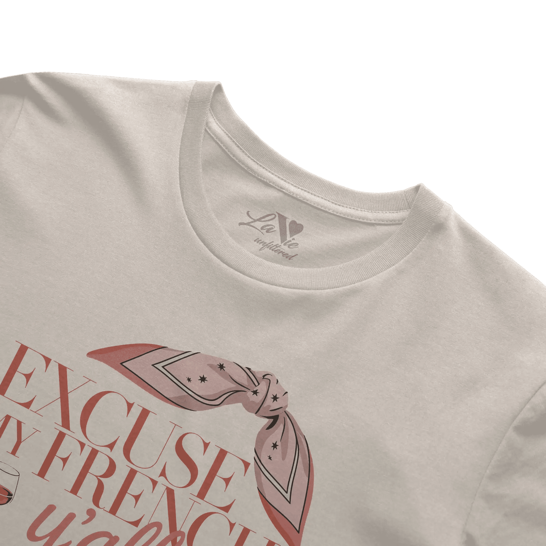 Soft Sand t-shirt with The French Excuse graphic by La Vie unfiltered