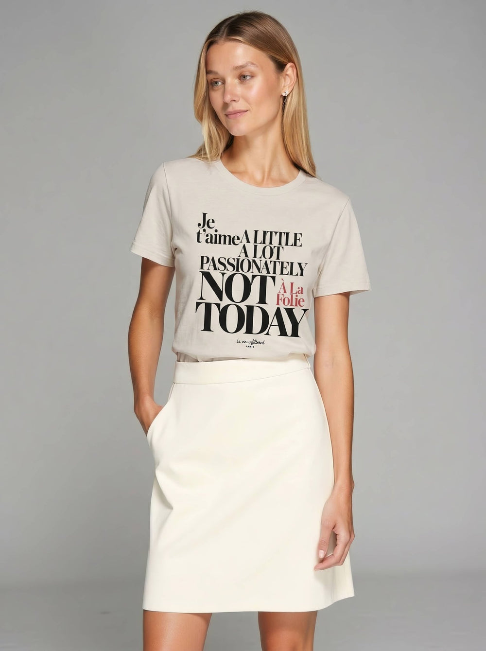 Model wearing Soft Sand with The Paris Paradox graphic by La Vie unfiltered