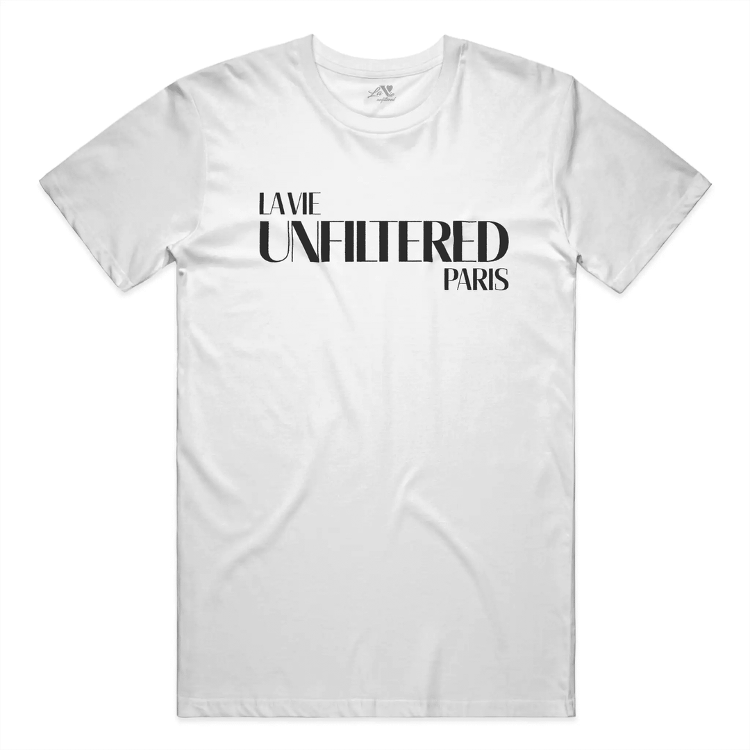 White t-shirt with The Paris Signature graphic print by La Vie unfiltered