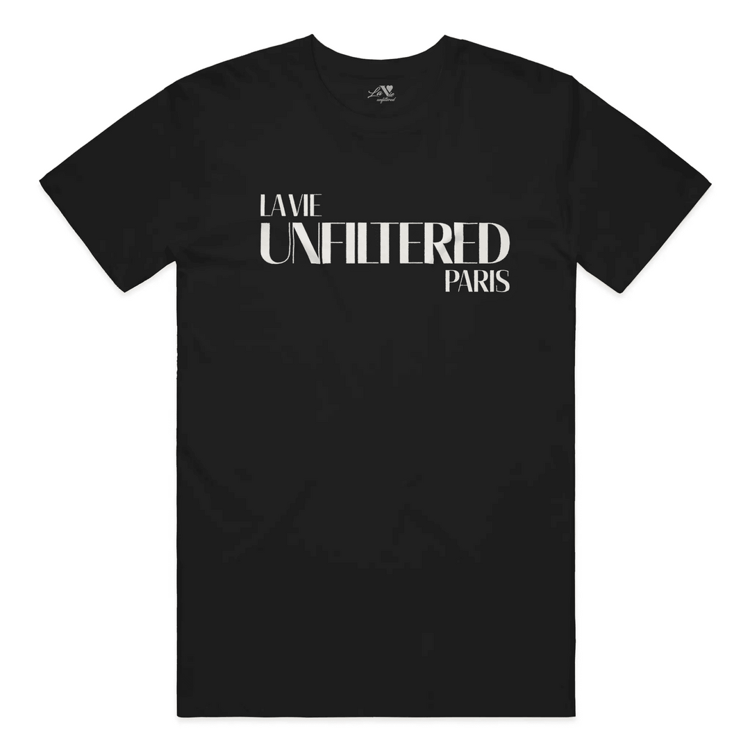 Black t-shirt with The Paris Signature graphic print by La Vie unfiltered