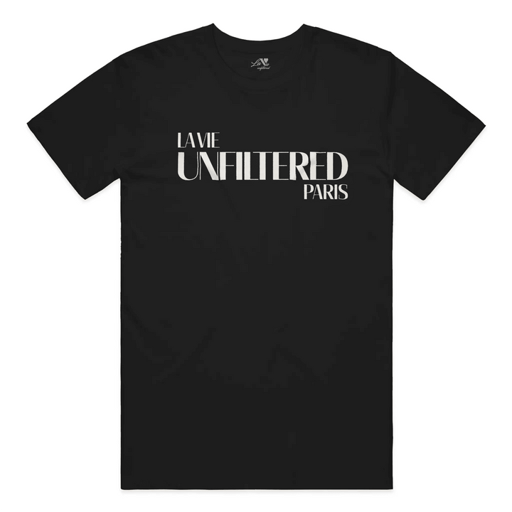 Black t-shirt with The Paris Signature graphic print by La Vie unfiltered