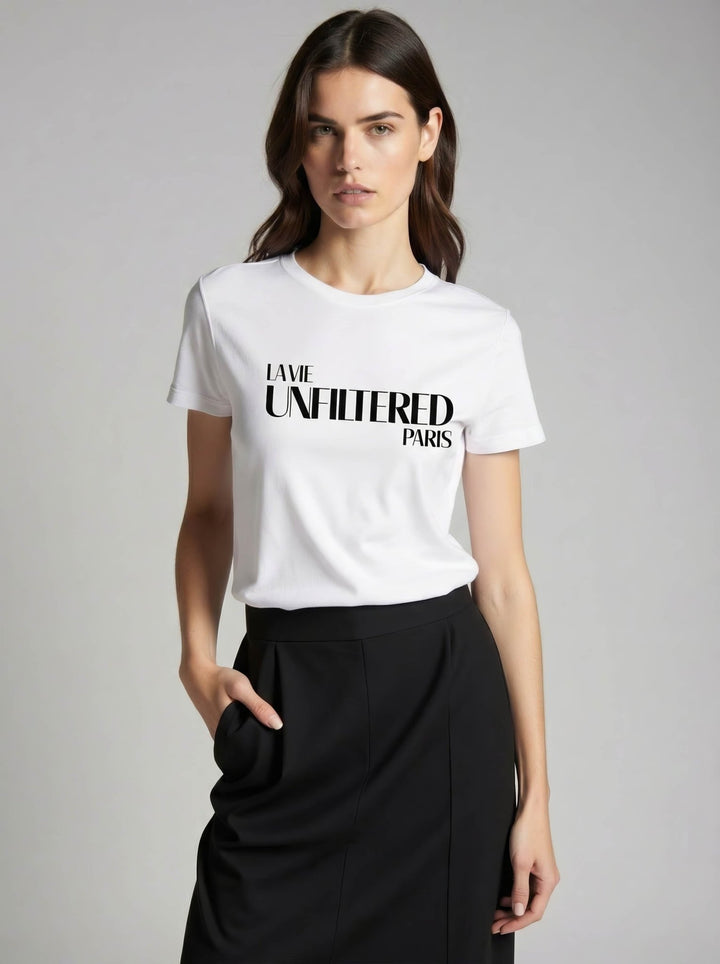 Model wearing White with The Paris Signature graphic by La Vie unfiltered