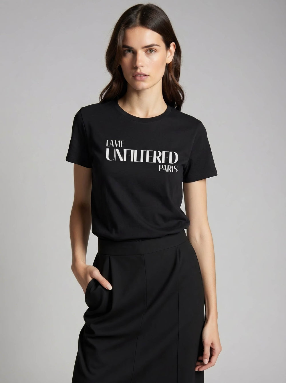 Model wearing Black with The Paris Signature graphic by La Vie unfiltered