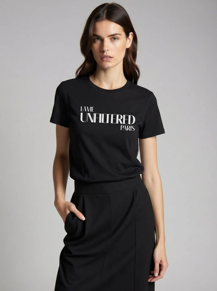 Model wearing Black with The Paris Signature graphic by La Vie unfiltered