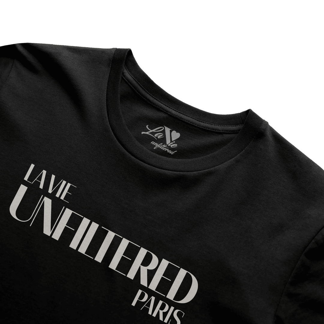 Black t-shirt with The Paris Signature graphic print by La Vie unfiltered