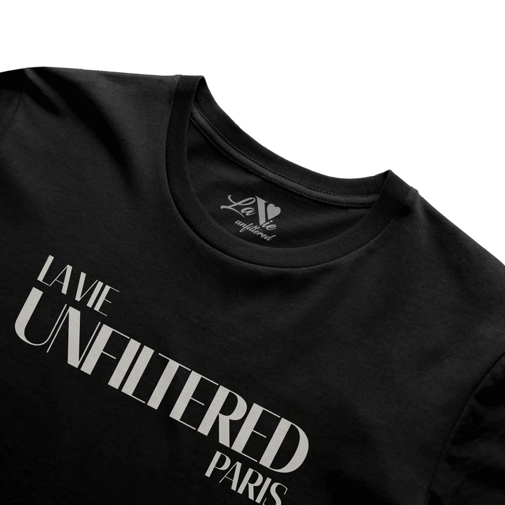Black t-shirt with The Paris Signature graphic print by La Vie unfiltered