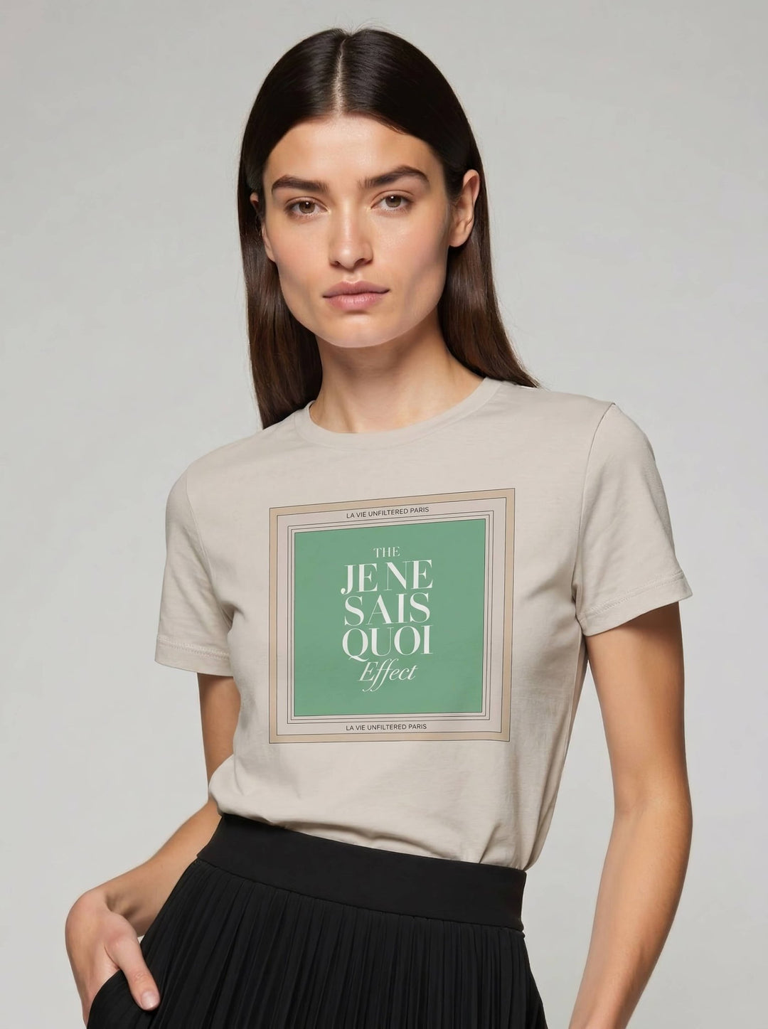 Model wearing Soft Sand with The Parisian Mood graphic by La Vie unfiltered