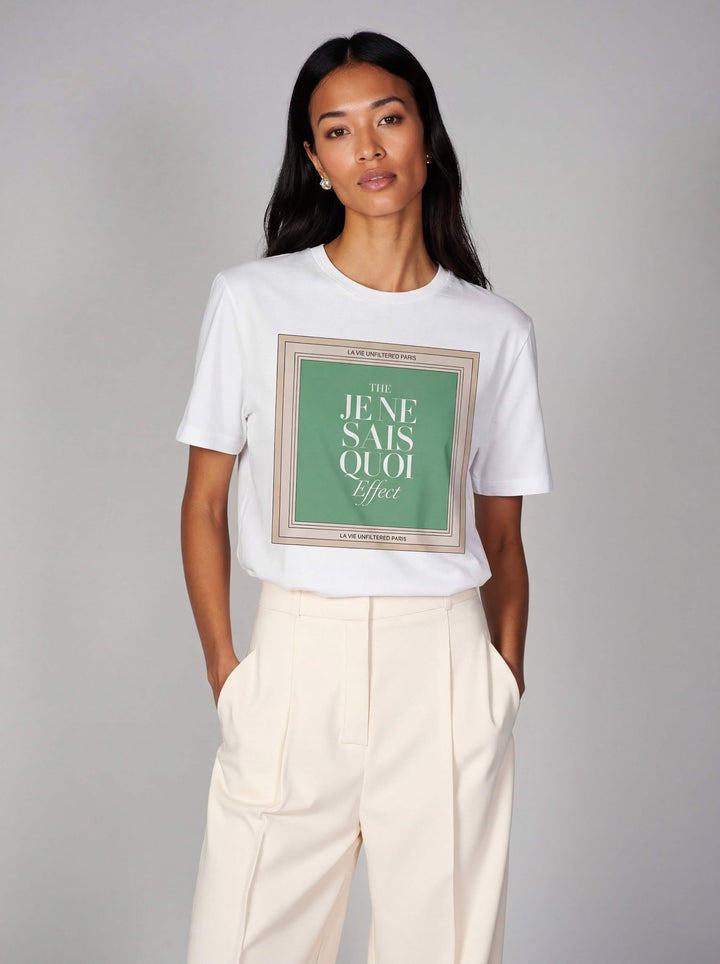 Model wearing White with The Parisian Mood graphic by La Vie unfiltered