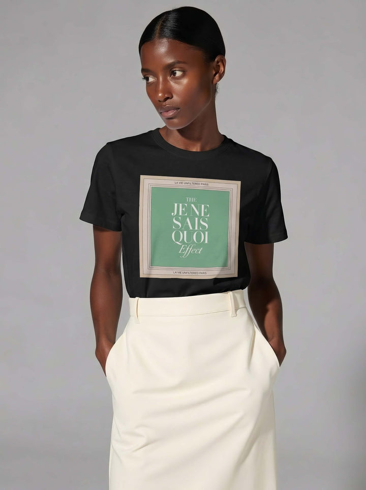 Model wearing Black with The Parisian Mood graphic by La Vie unfiltered