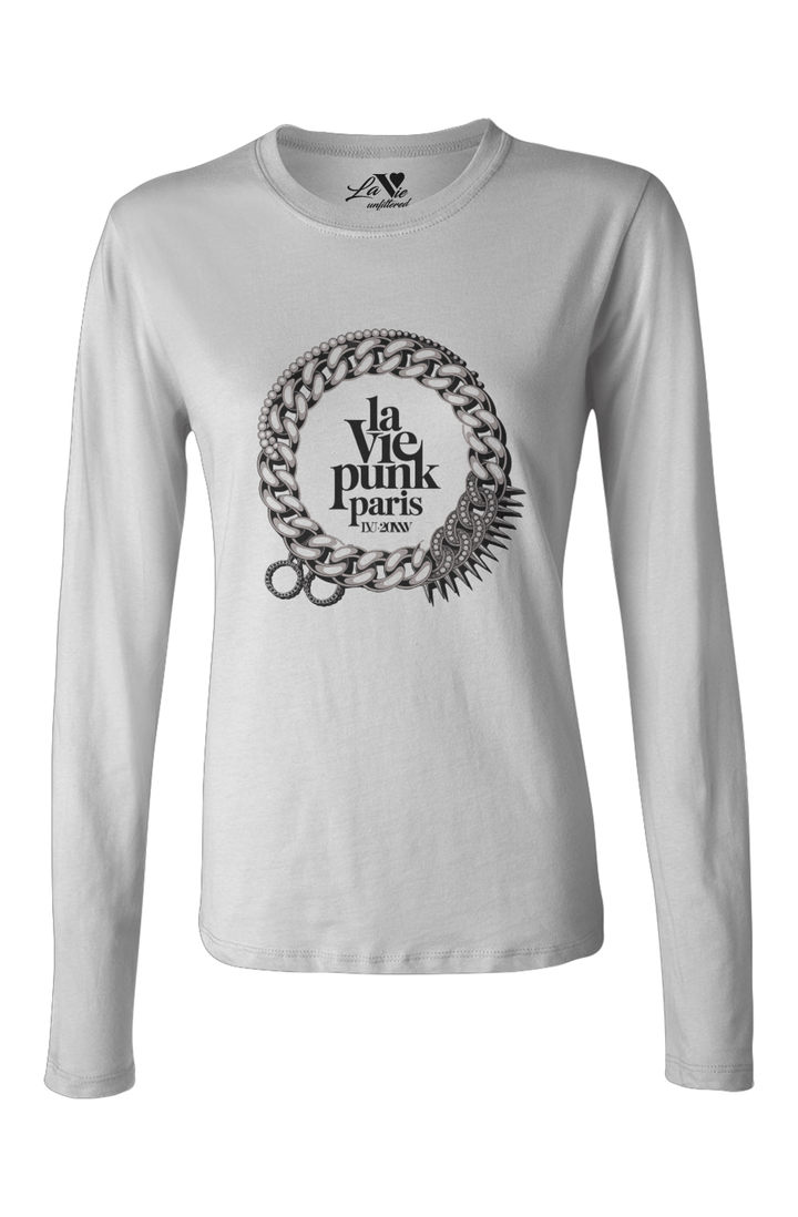 White long-sleeve Allure tee featuring metallic chain circle design with bold ‘La Vie Punk Paris’ emblem, blending edgy street style and Parisian elegance.