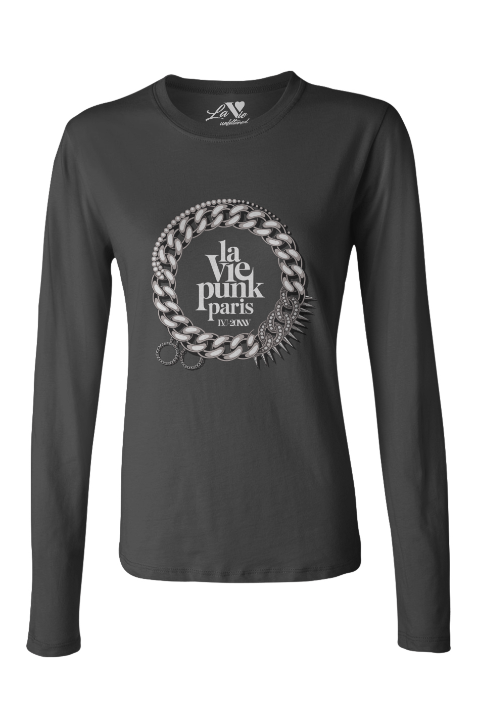 Black long-sleeve Allure tee with metallic chain circle graphic and bold ‘La Vie Punk Paris’ emblem, combining punk grit with Parisian flair.