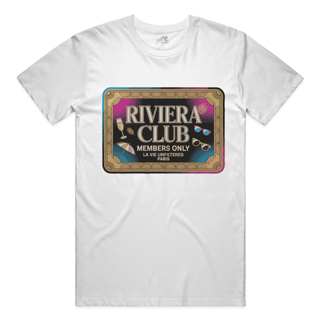 White t-shirt with The Riviera Club Pass graphic by La Vie unfiltered