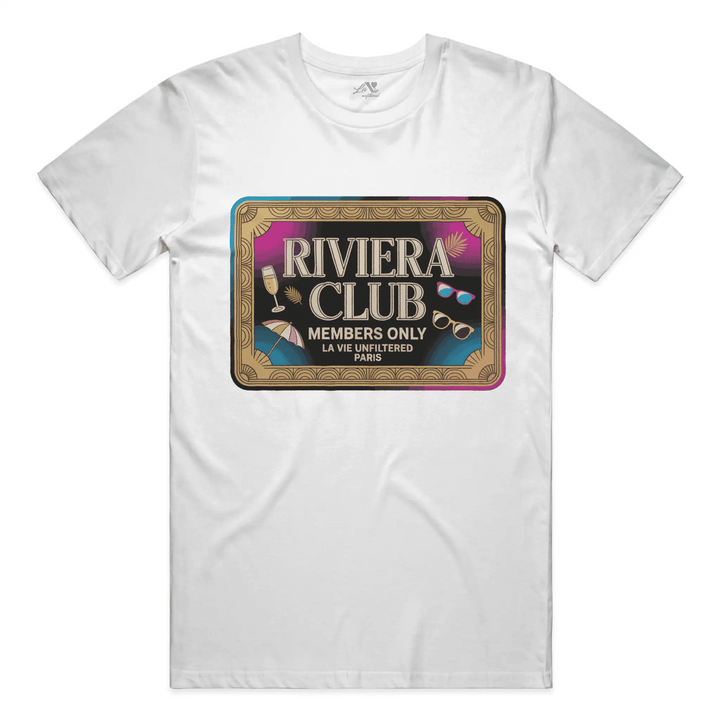 White t-shirt with The Riviera Club Pass graphic by La Vie unfiltered