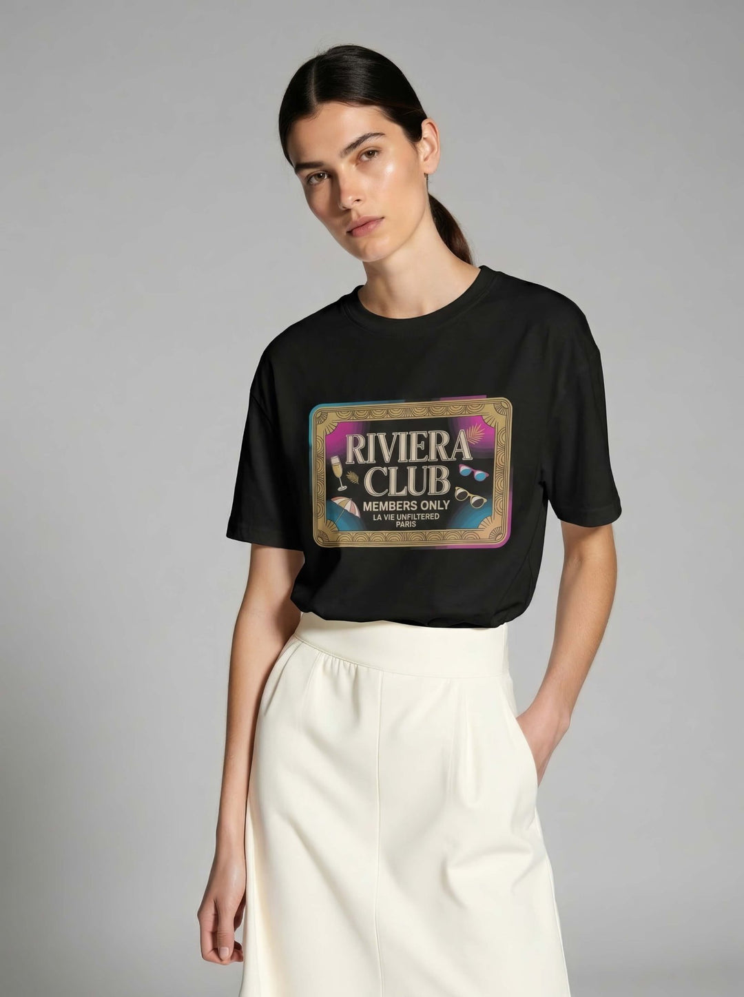 Model wearing Black with The Riviera Club Pass graphic by La Vie unfiltered