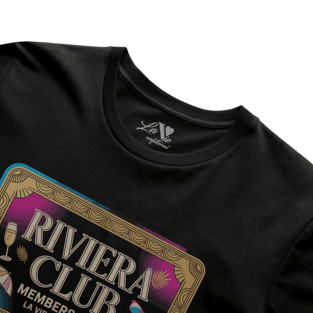 Black t-shirt with The Riviera Club Pass graphic by La Vie unfiltered