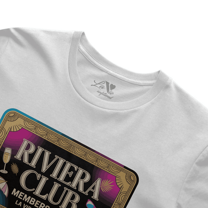 White t-shirt with The Riviera Club Pass graphic by La Vie unfiltered