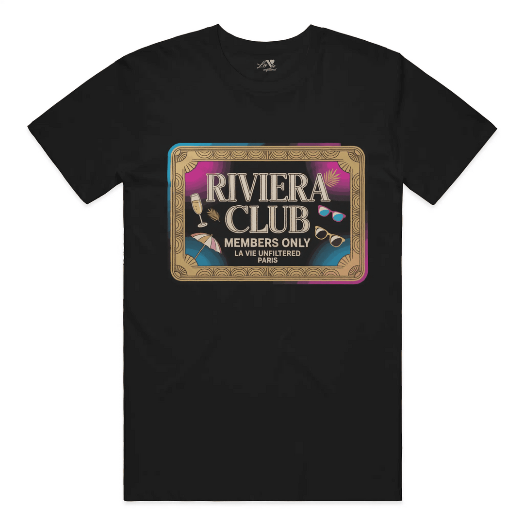 Black t-shirt with The Riviera Club Pass graphic by La Vie unfiltered