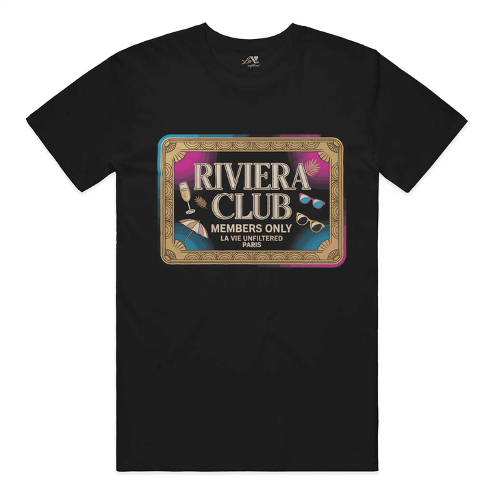 Black t-shirt with The Riviera Club Pass graphic by La Vie unfiltered