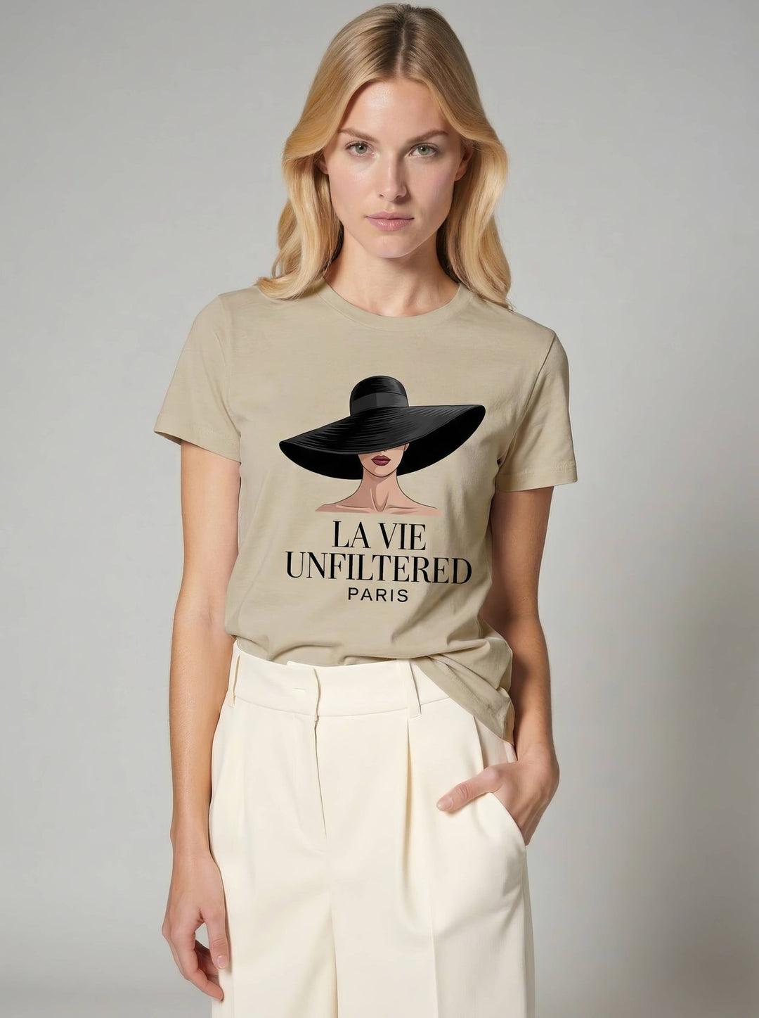 Model wearing Soft Sand with The Riviera Shadow graphic by La Vie unfiltered