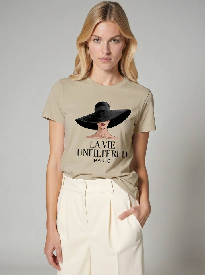 Model wearing Soft Sand with The Riviera Shadow graphic by La Vie unfiltered