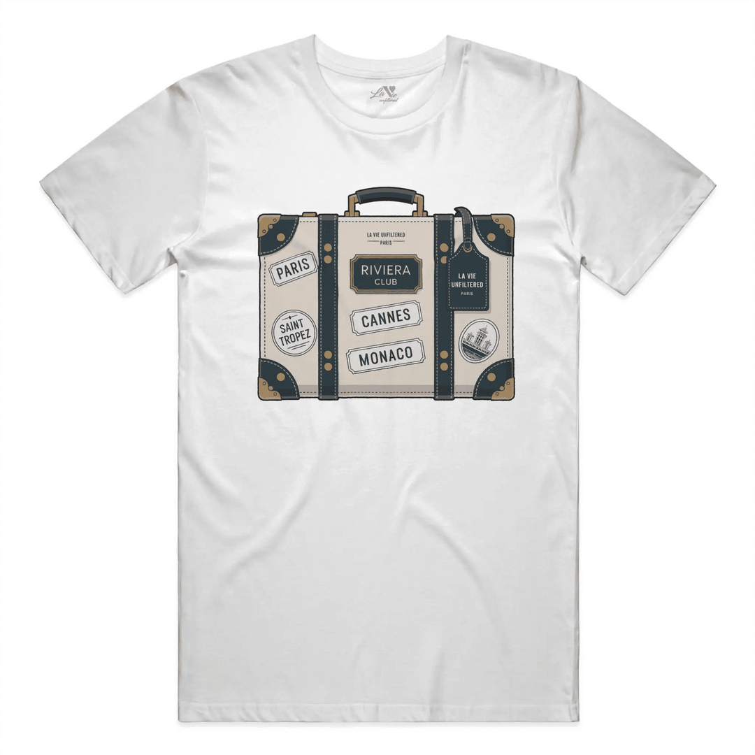 White t-shirt with The Riviera Trunk graphic by La Vie unfiltered