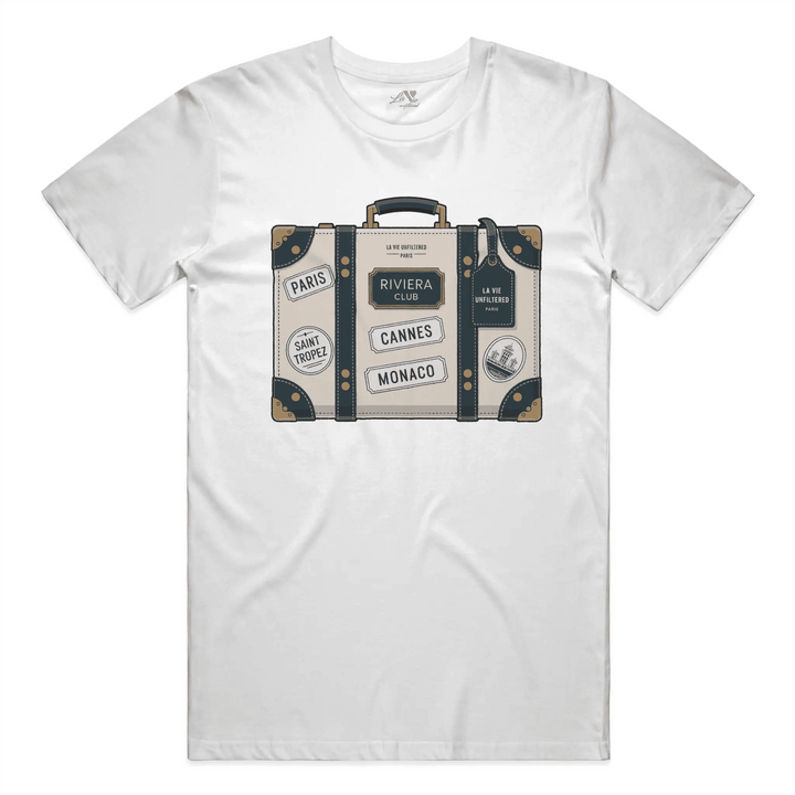 White t-shirt with The Riviera Trunk graphic by La Vie unfiltered
