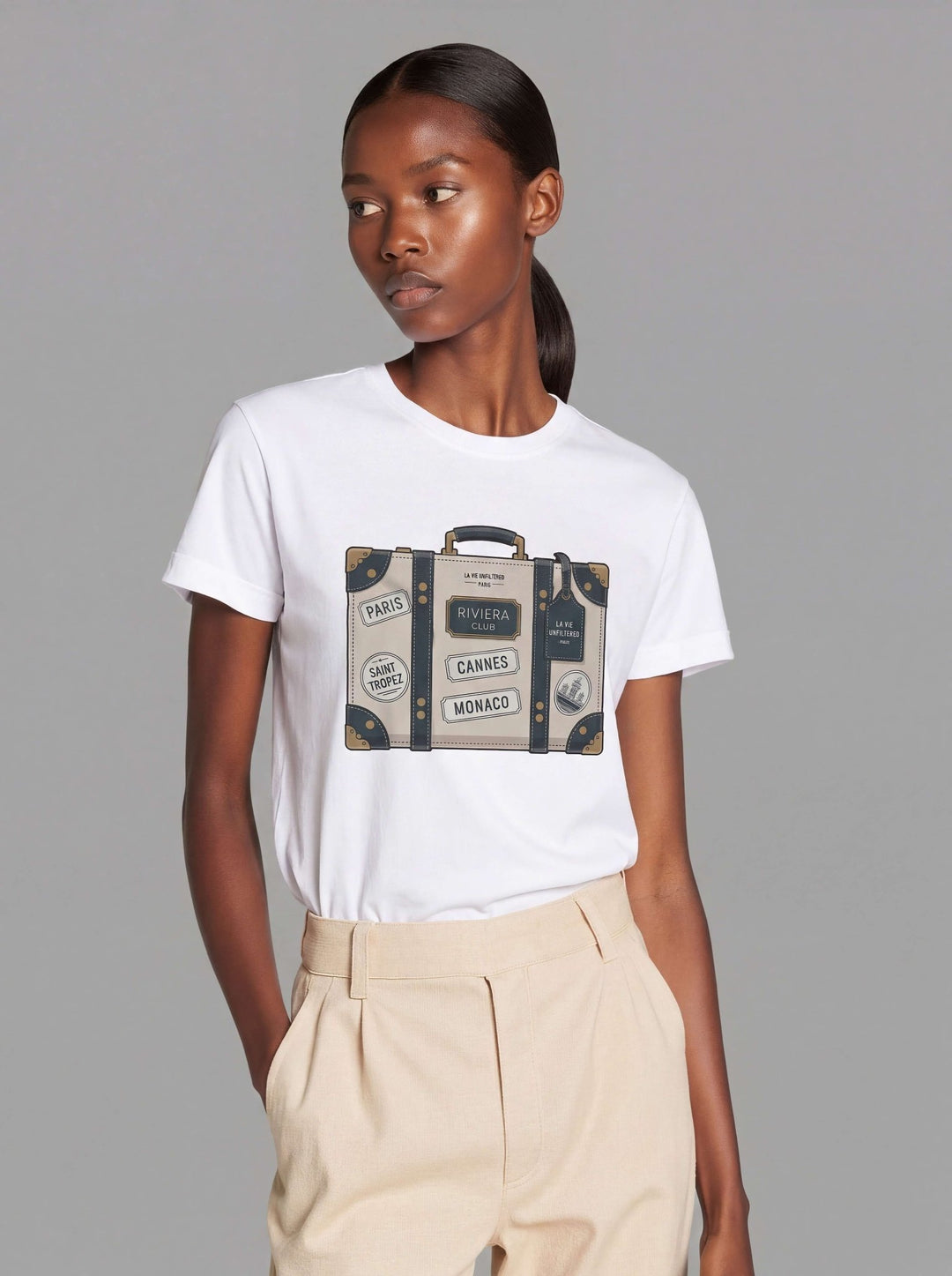 Model wearing White with The Riviera Trunk graphic by La Vie unfiltered