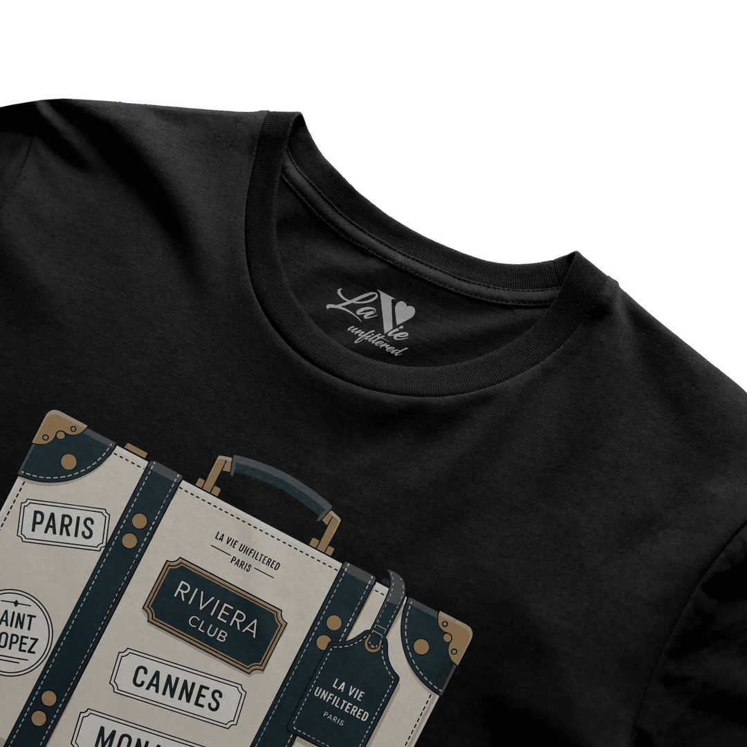 Black t-shirt with The Riviera Trunk graphic by La Vie unfiltered