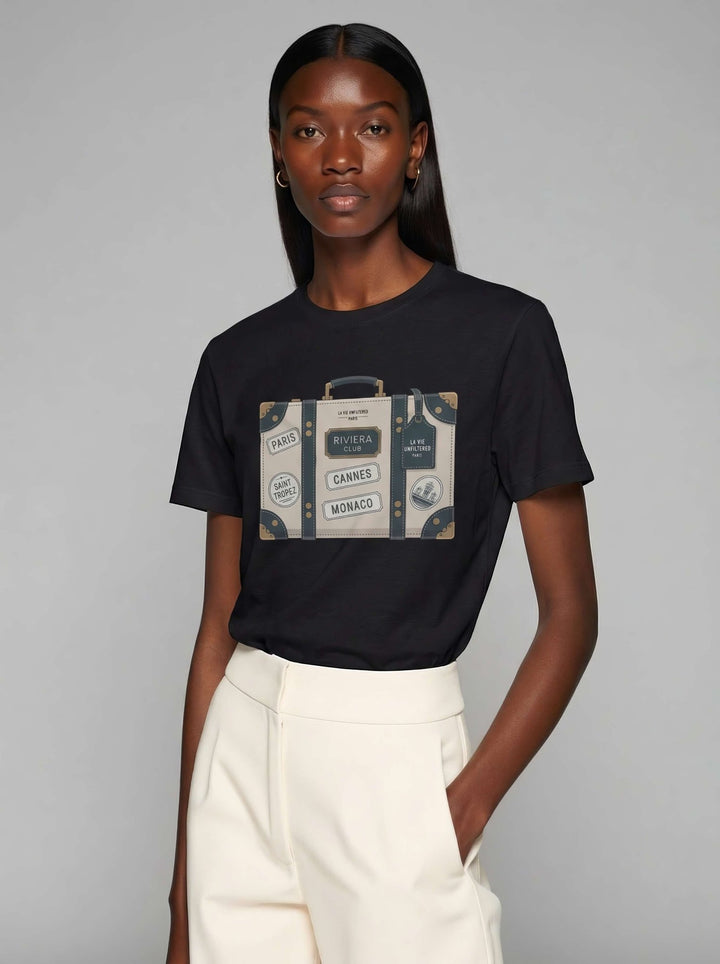 Model wearing Black with The Riviera Trunk graphic by La Vie unfiltered