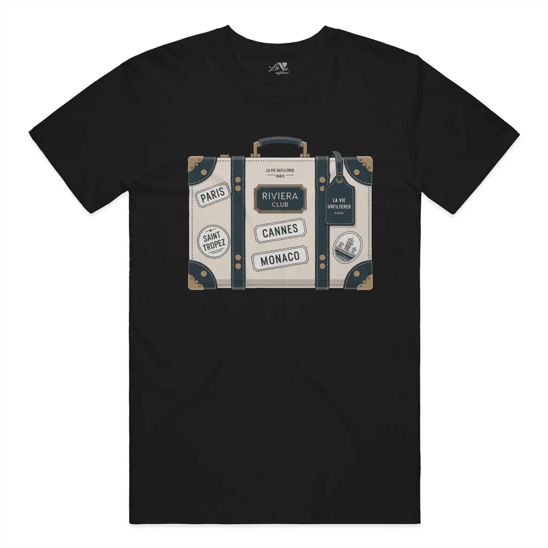 Black t-shirt with The Riviera Trunk graphic by La Vie unfiltered