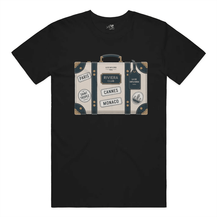 Black t-shirt with The Riviera Trunk graphic by La Vie unfiltered