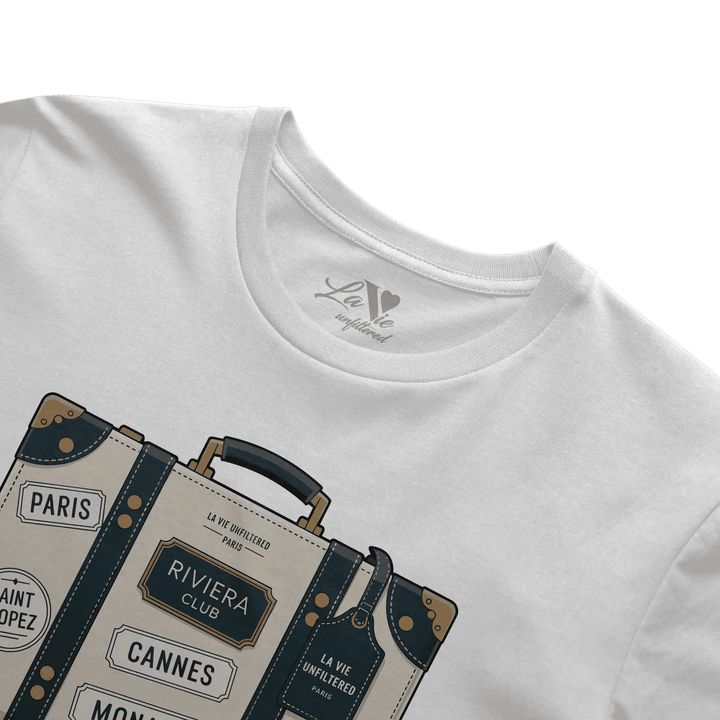 White t-shirt with The Riviera Trunk graphic by La Vie unfiltered