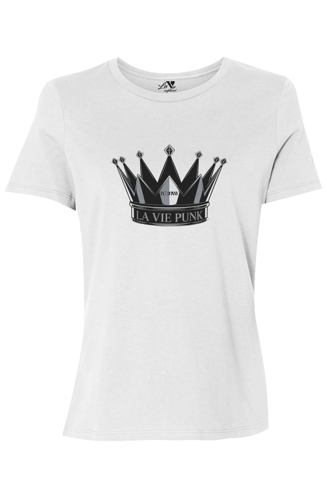 Throne Punk Allure jersey tee in white featuring a bold crown graphic with 'La Vie Punk' lettering, displayed on a plain white background.
