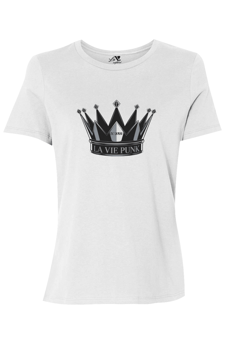 Throne Punk Allure jersey tee in white featuring a bold crown graphic with 'La Vie Punk' lettering, displayed on a plain white background.