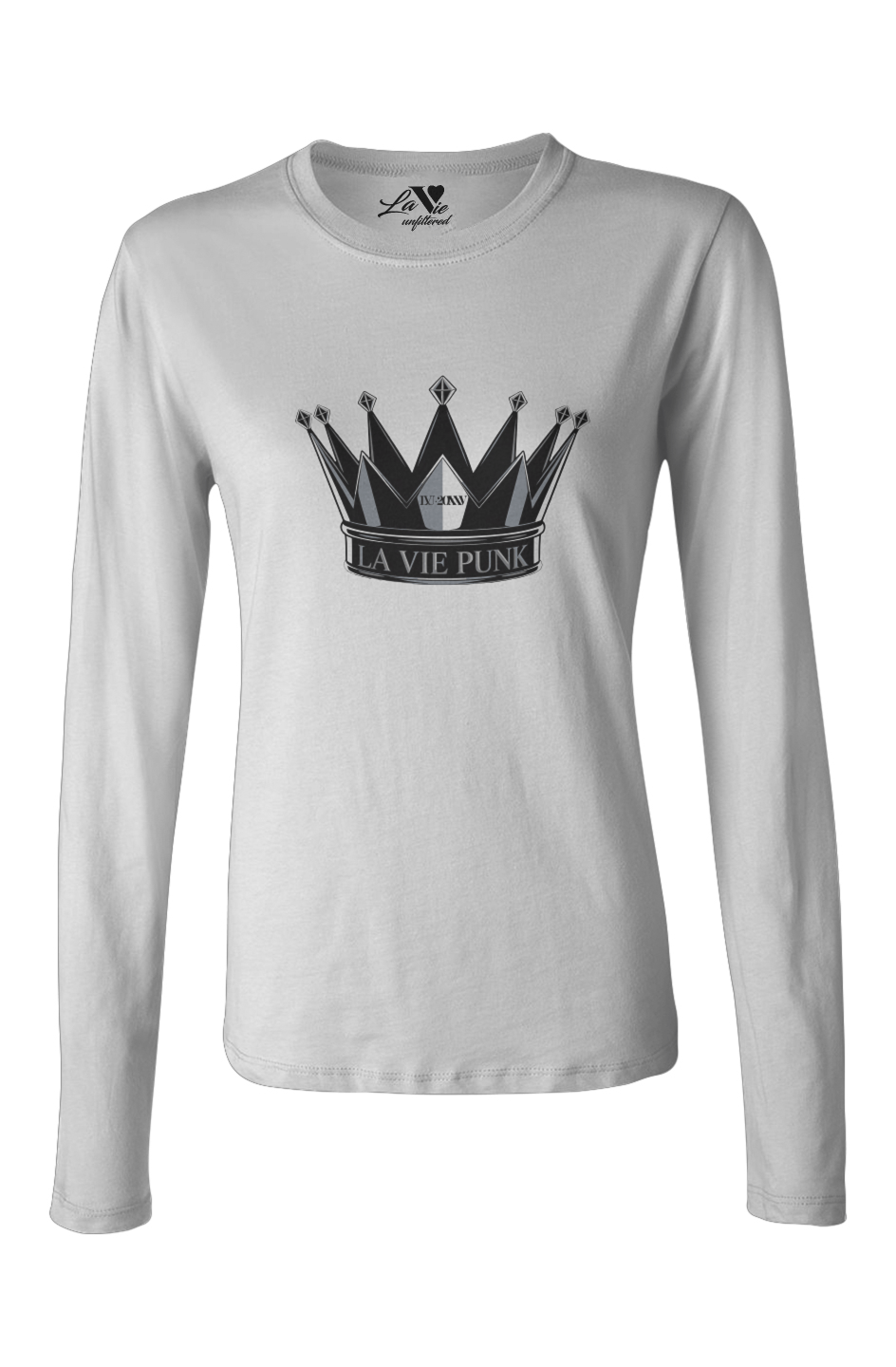 White long-sleeve Allure tee with bold black crown graphic and ‘La Vie Punk’ text, mixing regal elegance with punk edge.
