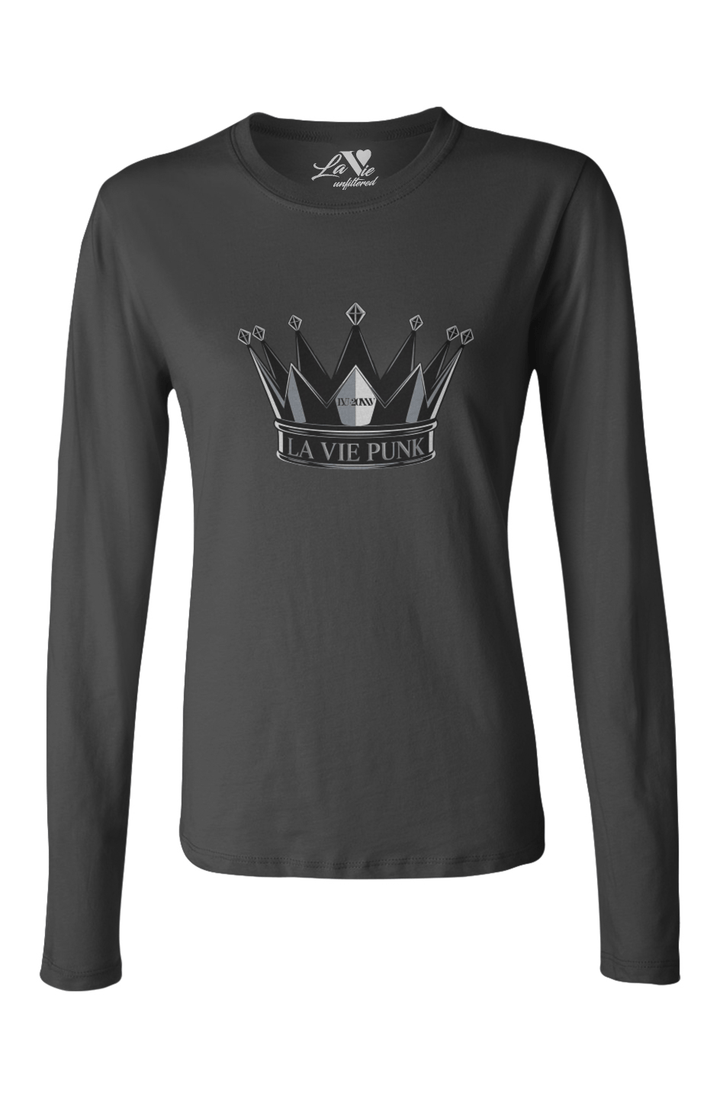 Black long-sleeve Allure tee with bold crown graphic and ‘La Vie Punk’ text, blending regal edge with punk attitude.