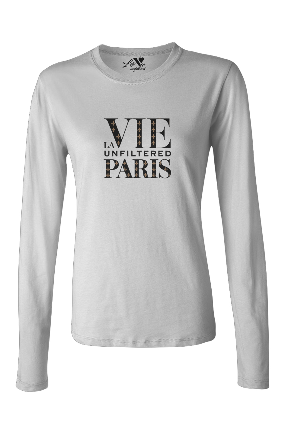 White long-sleeve La Vie unfiltered shirt with bold black text “VIE LA UNFILTERED PARIS” across the chest, featuring subtle leopard print detail inside the word “VIE.”