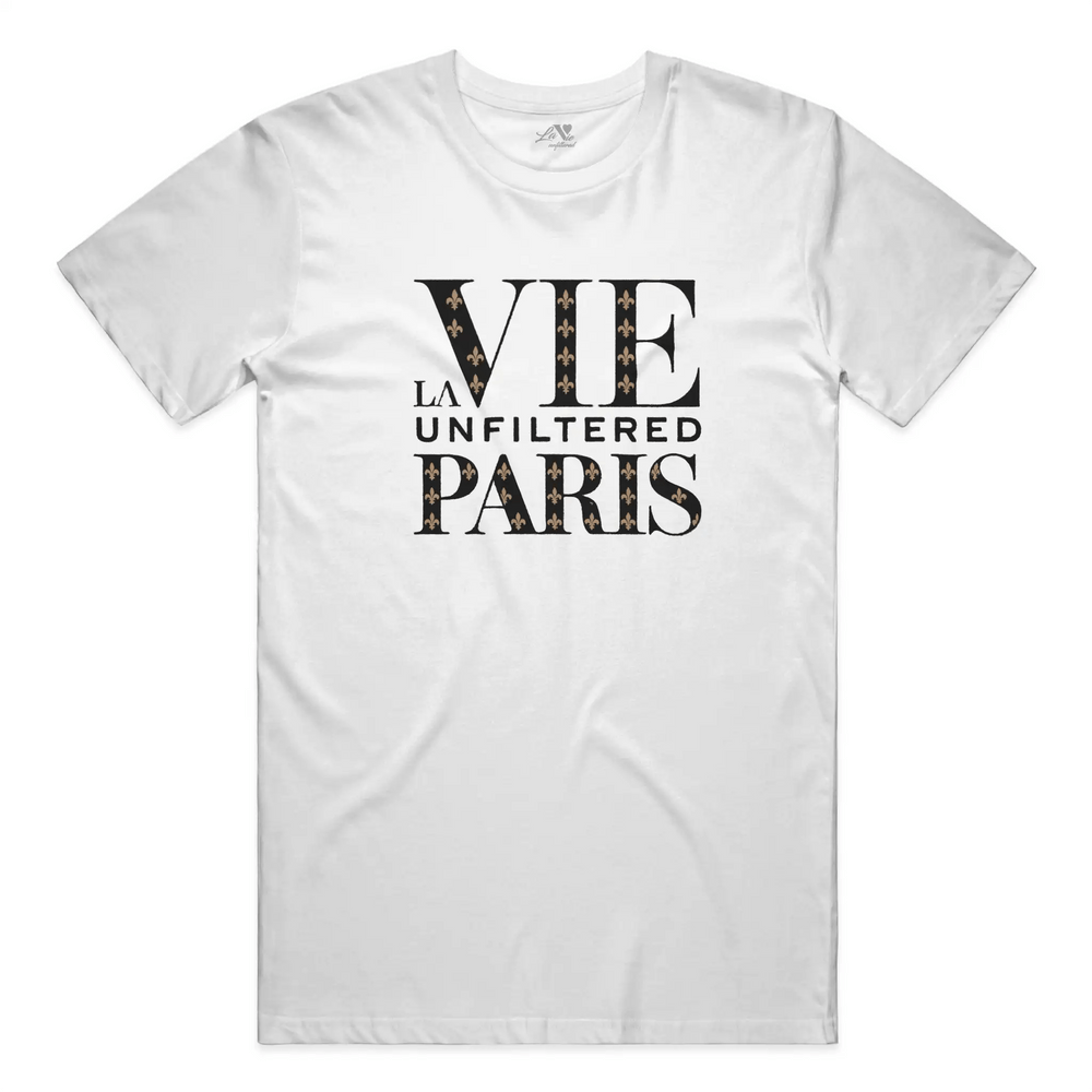White boxy fit tee with bold La Vie Unfiltered Paris monogram graphic in black and patterned accents.
