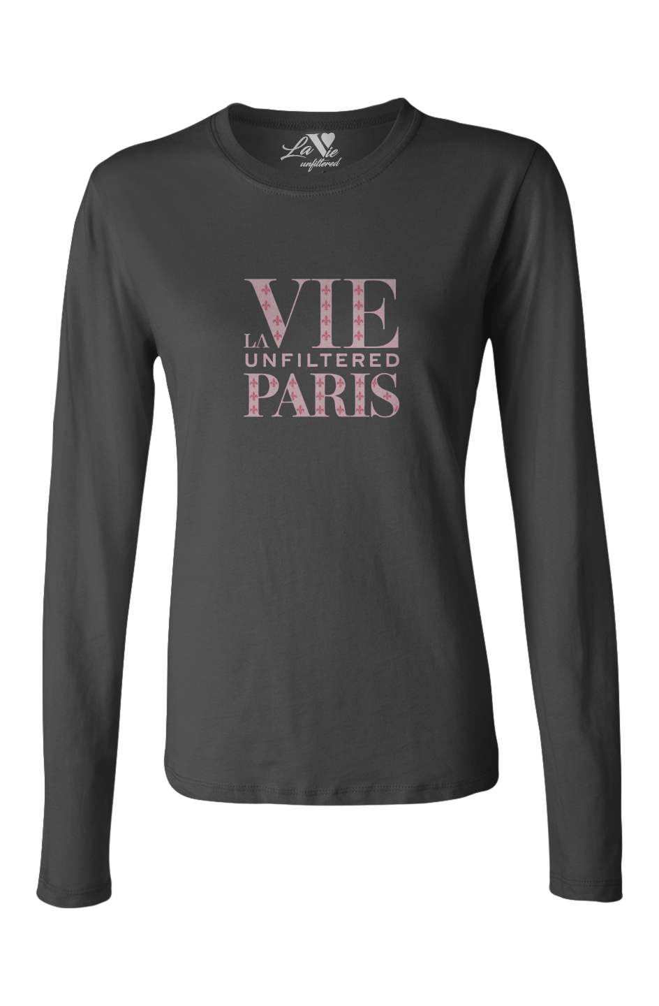 Black long-sleeve La Vie unfiltered shirt with bold pink text “VIE LA UNFILTERED PARIS” across the chest, featuring a soft star-pattern design inside the letters.