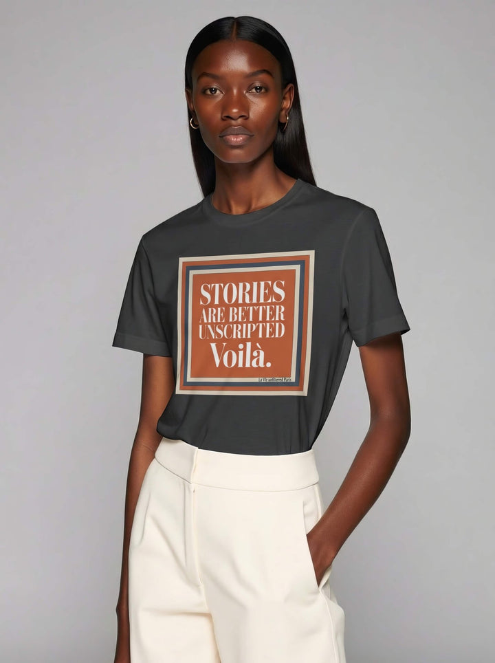 Model wearing Black with Voilà Stories graphic by La Vie unfiltered