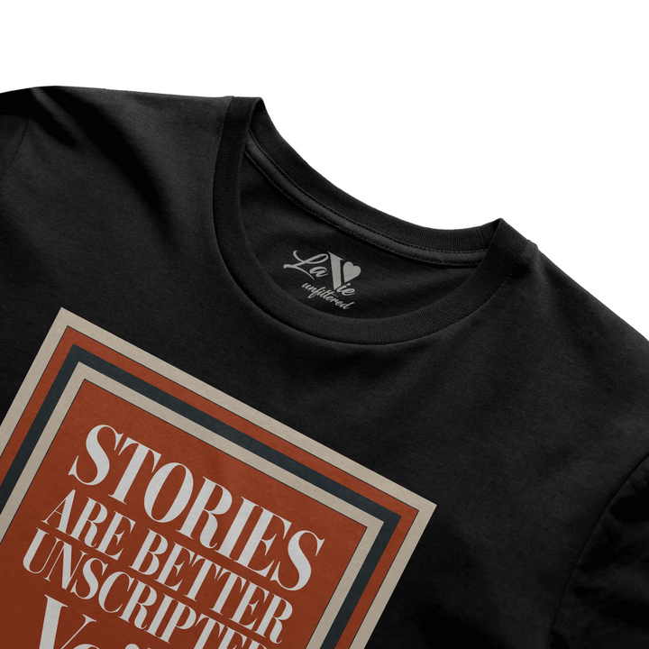 Black t-shirt with Voilà Stories graphic by La Vie unfiltered