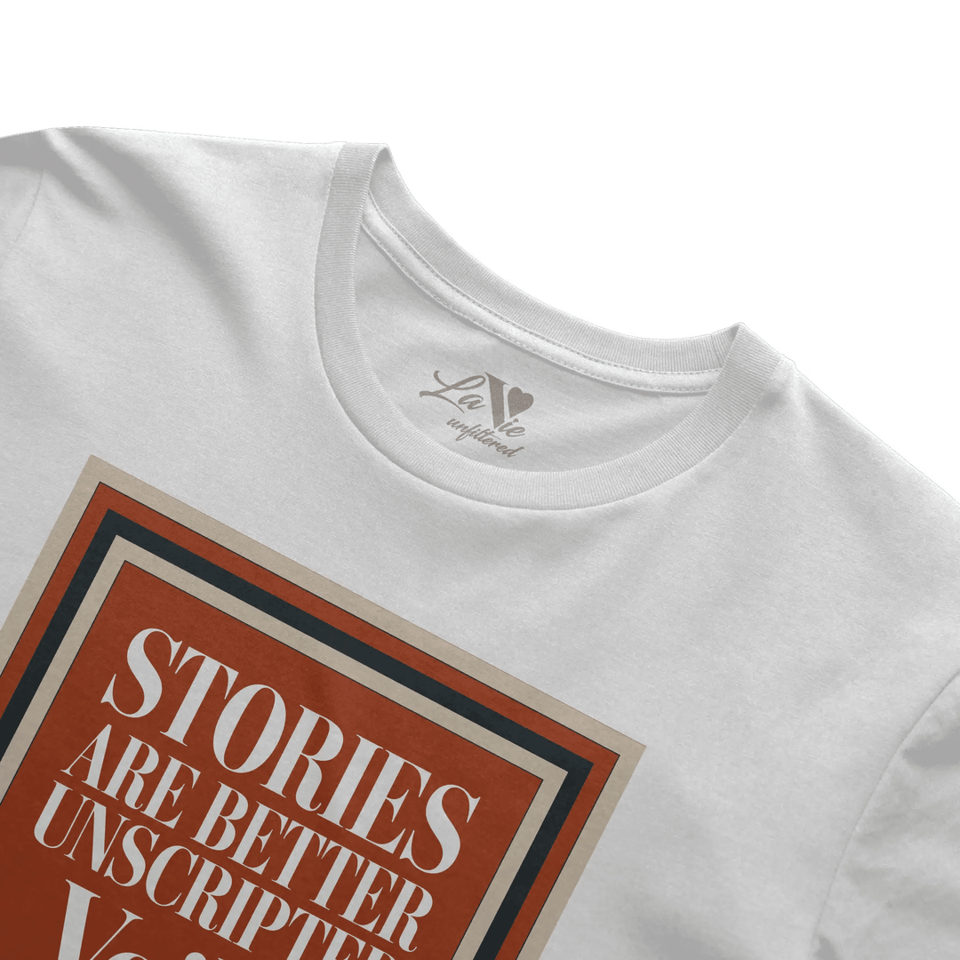 White t-shirt with Voilà Stories graphic by La Vie unfiltered