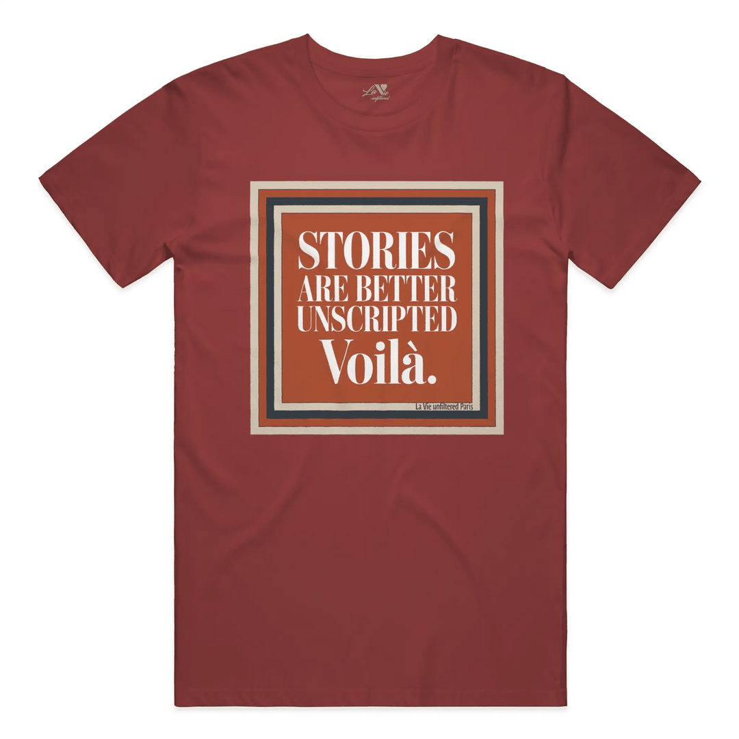 Rouge Sienne t-shirt with Voilà Stories graphic by La Vie unfiltered