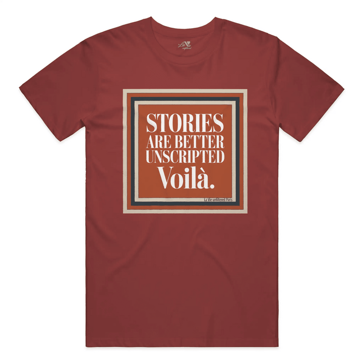 Rouge Sienne t-shirt with Voilà Stories graphic by La Vie unfiltered