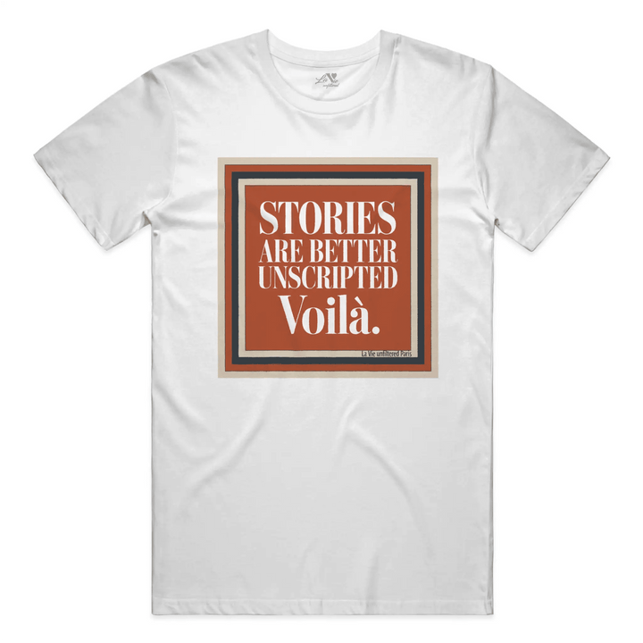 White t-shirt with Voilà Stories graphic by La Vie unfiltered